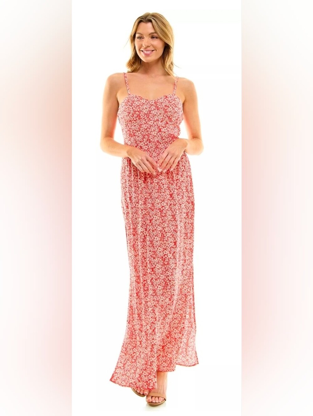Lily Rose Strapless Coral Red Floral Maxi Dress